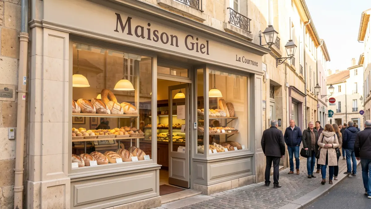Facade of the Maison Giel bakery and pastry shop in La Couronne, with its display windows filled with artisanal breads and pastries.