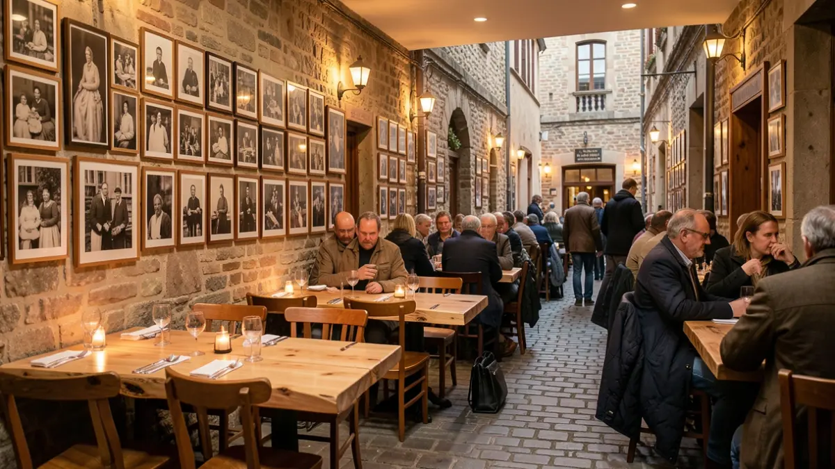 Generic image of the interior of an intimate restaurant with solid wood tables and old photos on the walls.