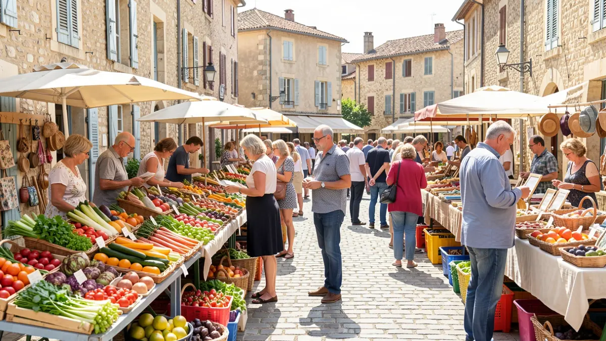 Marché de producteurs à Ger en Béarn avec des étals colorés et une ambiance conviviale.