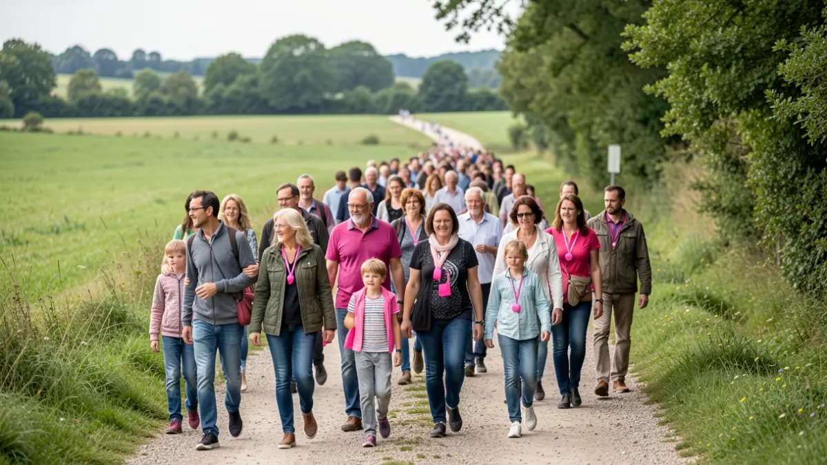 Image générique d'une marche solidaire pour Octobre Rose dans un cadre naturel.