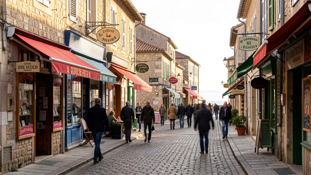 Generic image of a commercial street in a French coastal town.