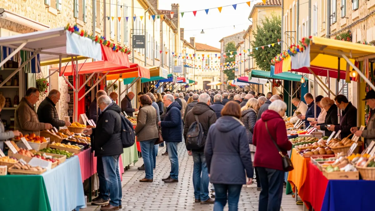 Lively street scene during a local commerce day in Marennes-Hiers-Brouage, with shopkeepers and residents interacting in a convivial atmosphere.