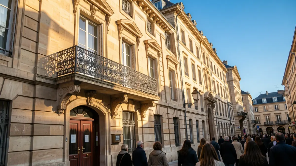 Stone facade of a Nouvelle-Aquitaine town hall with an ornate iron balcony, under the afternoon sun.