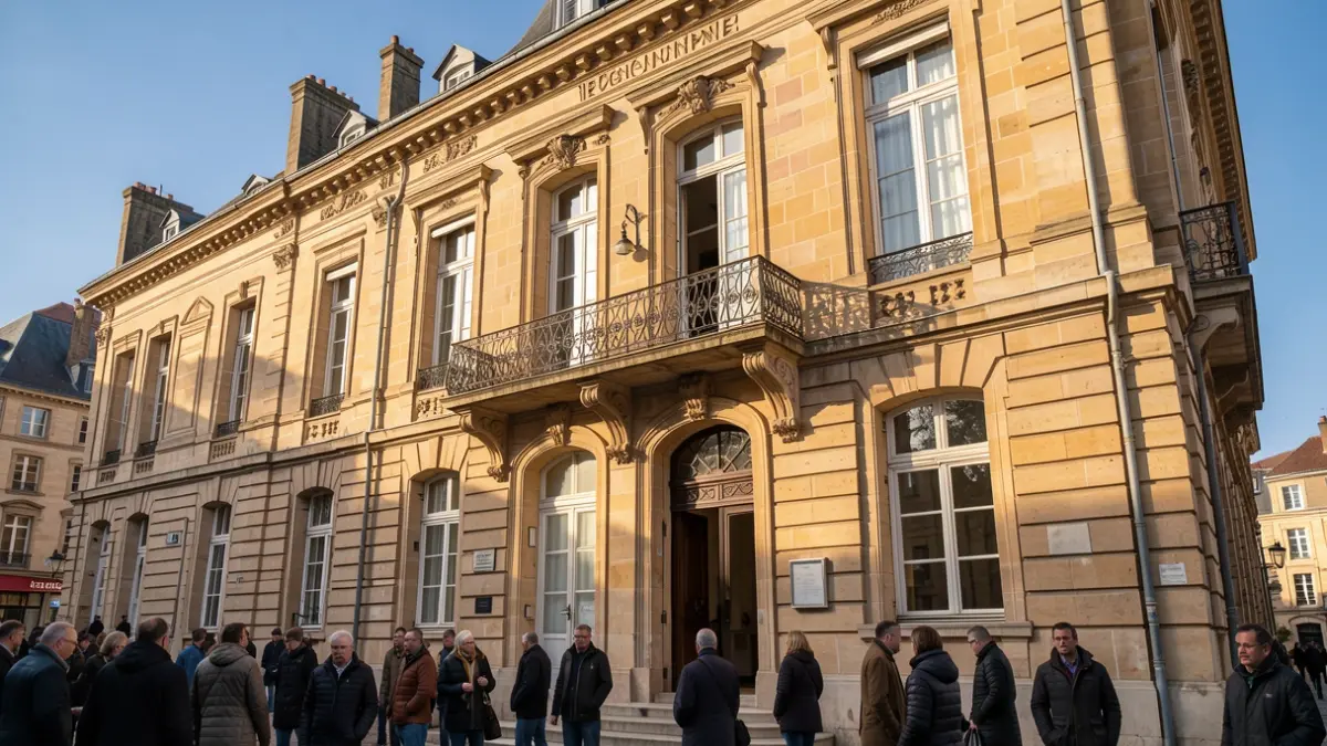 Image générique de la façade d'un hôtel de ville en pierre de Nouvelle-Aquitaine avec balcon orné et balustrade en fer forgé, lumière chaude de l'après-midi, ciel bleu.