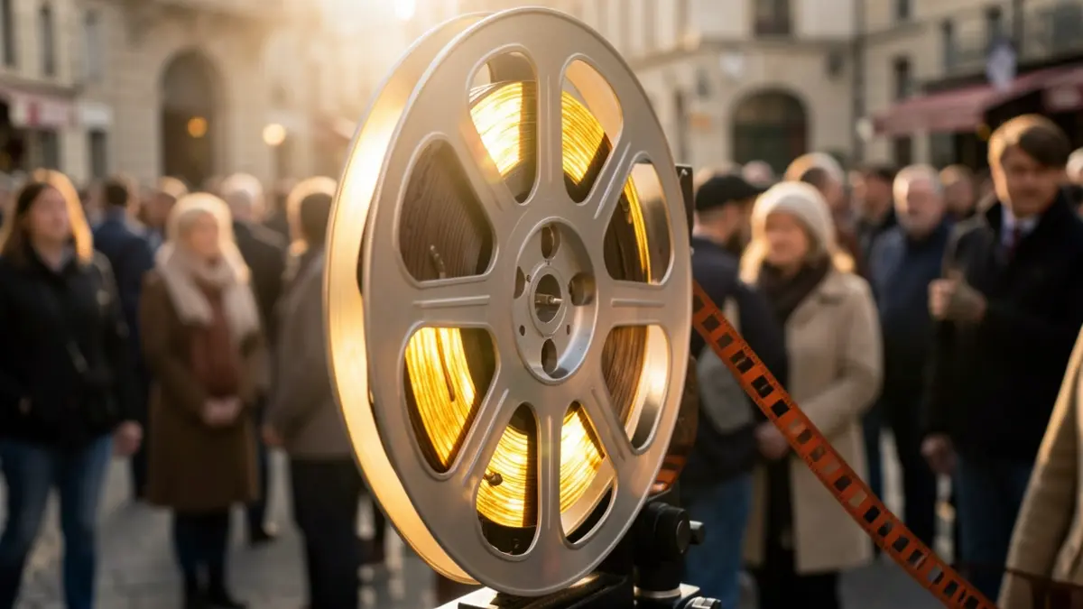 Image générique d'une bobine de film illuminée, symbolisant le cinéma.