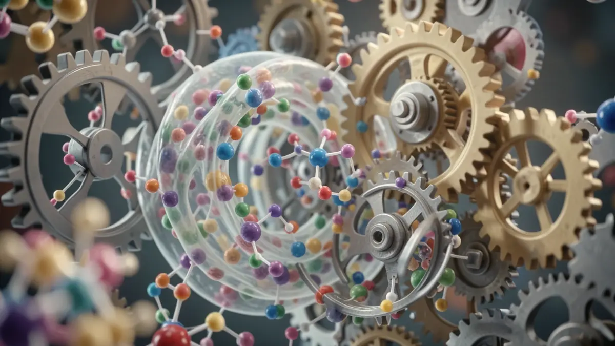 Generic image of abstract molecular structures and industrial gears, symbolizing soft matter research.