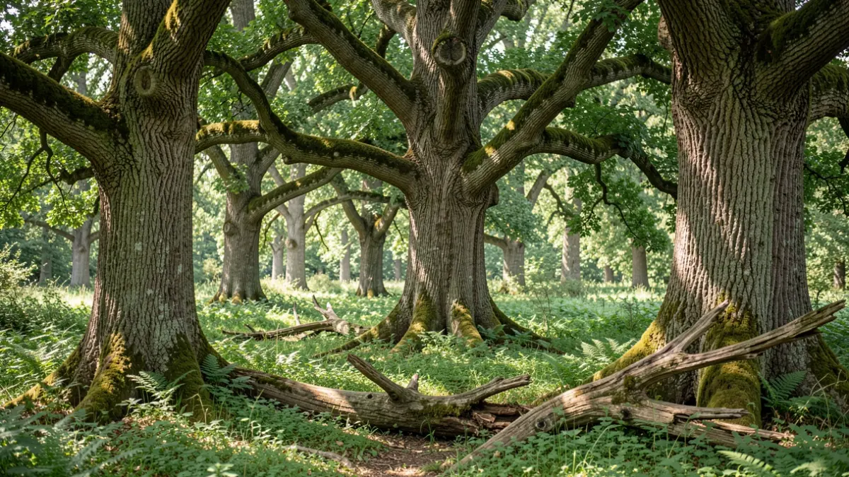 Image générique d'une forêt ancienne de chênes avec des arbres de plus de 120 ans, du bois mort au sol et une végétation luxuriante, sous une lumière tamisée.