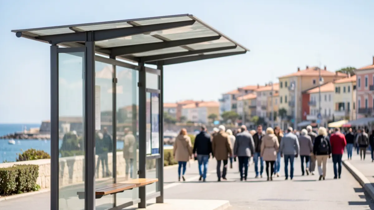 Image générique d'un abribus par beau temps, avec un arrière-plan flou d'une ville côtière.