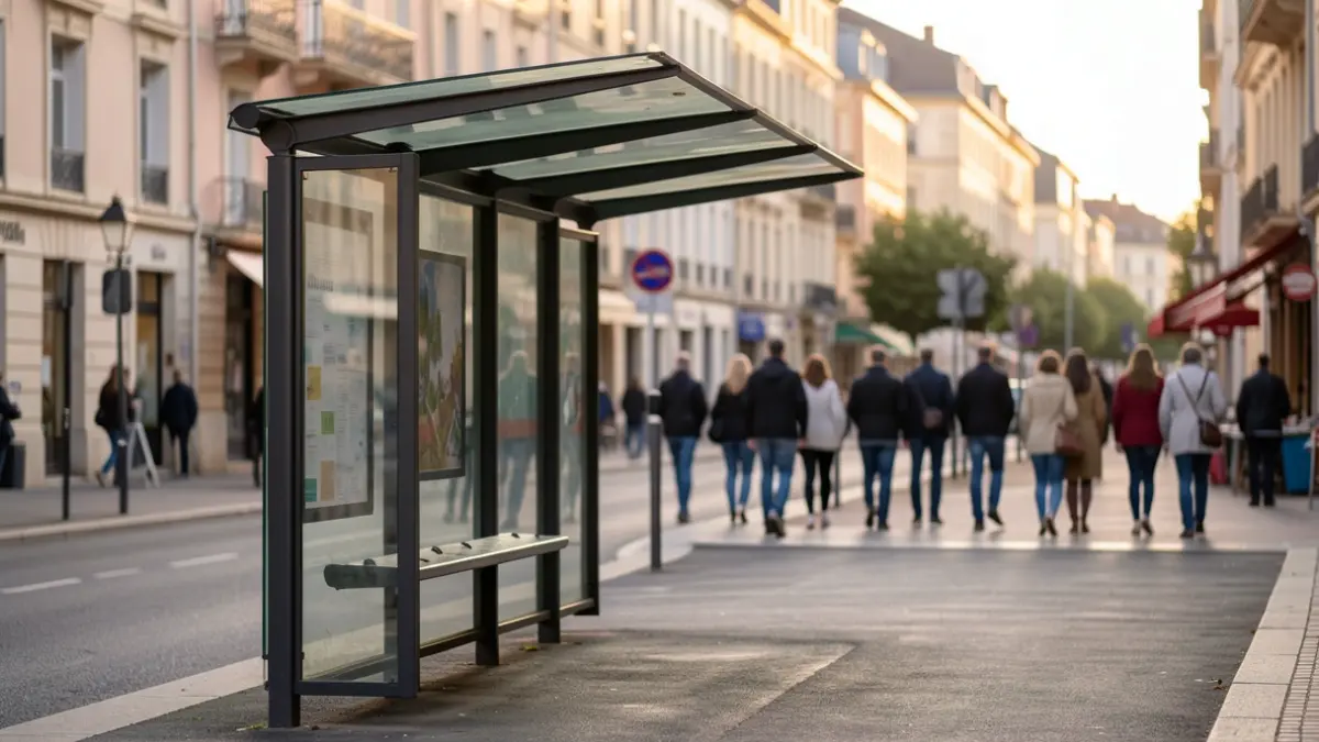 Generic image of a public transport bus stop shelter in Nouvelle-Aquitaine, with a blurred background of a street and buildings. The lighting suggests late afternoon or early evening. The scene is clean and orderly, with no people visible.