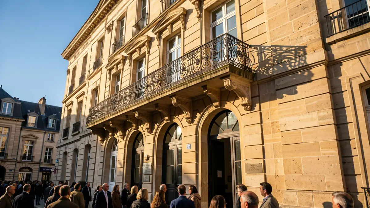 Image générique de la façade en pierre d'un bâtiment administratif local avec un balcon orné, sous un ciel bleu.