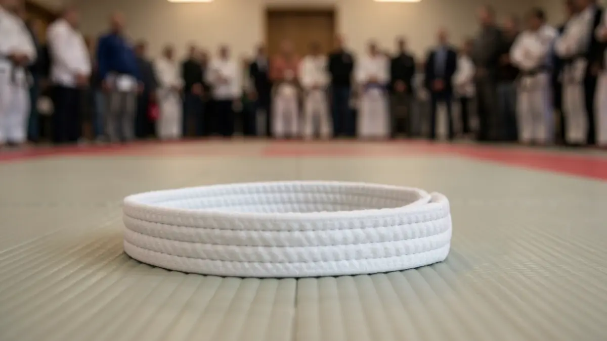 Generic image of a judo belt lying on a judo mat.