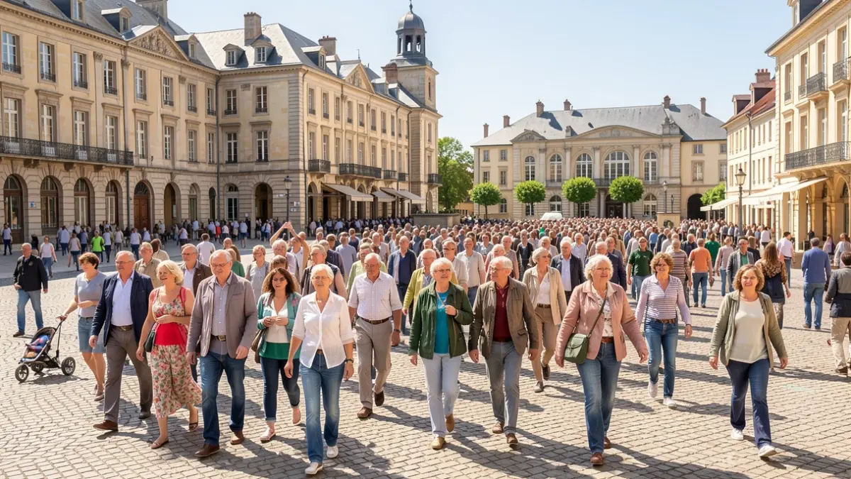 Image générique de personnes participant à des activités de solidarité en plein air dans un centre-ville, avec des bâtiments municipaux en arrière-plan.