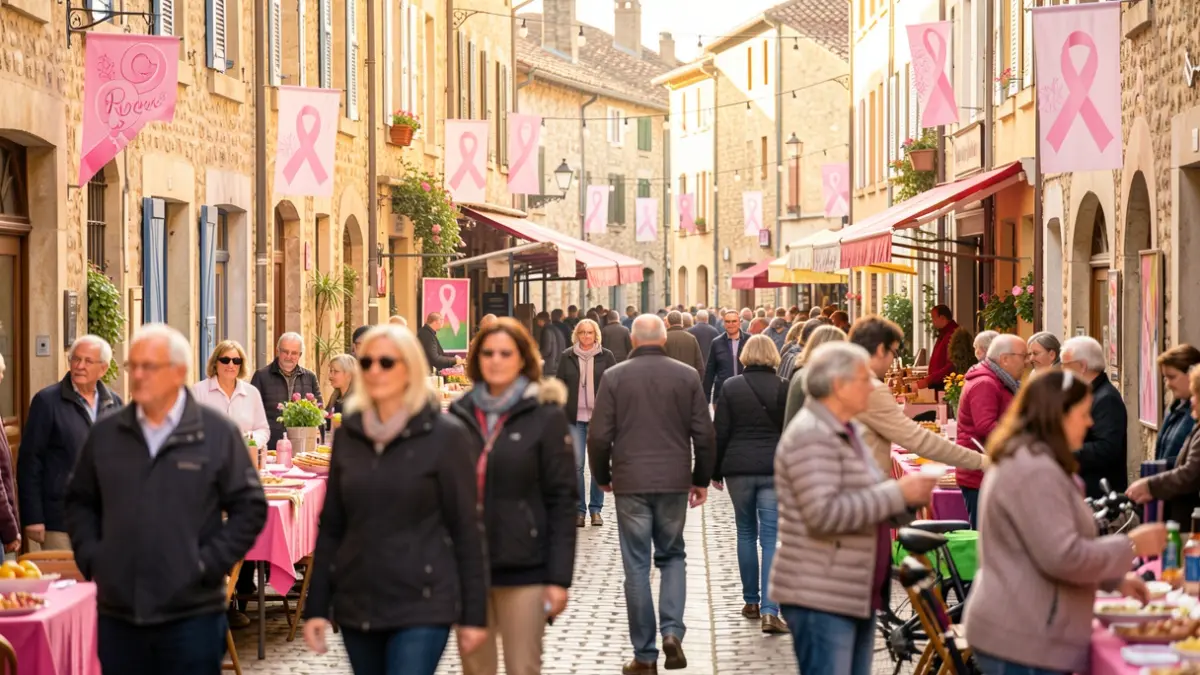 Lively street scene in Montardon for 'Octobre Rose', featuring participants and event symbols.