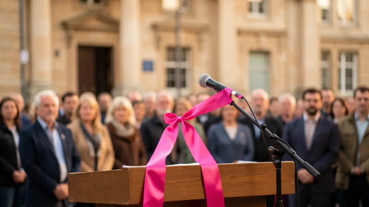 Image générique d'un ruban rose sur un microphone devant une façade de mairie.