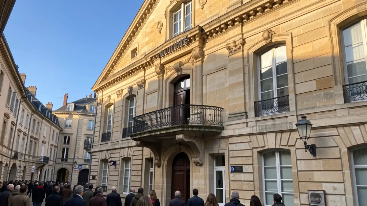 Image générique de la façade d'une mairie en pierre de Nouvelle-Aquitaine avec balcon orné et balustrade en fer forgé, soleil d'après-midi chaud projetant des ombres sur les murs en grès, ciel bleu, style photographie documentaire.