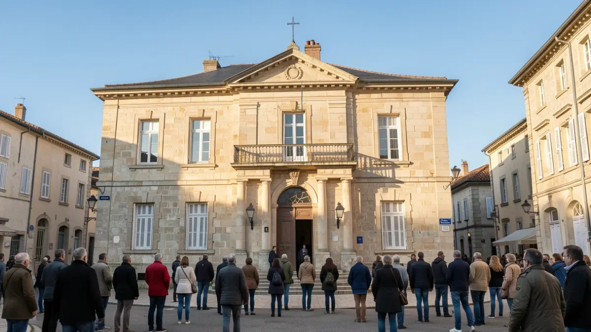 Generic image of a stone municipal building facade in Nouvelle-Aquitaine, featuring an ornate balcony, under a blue sky with afternoon sun.