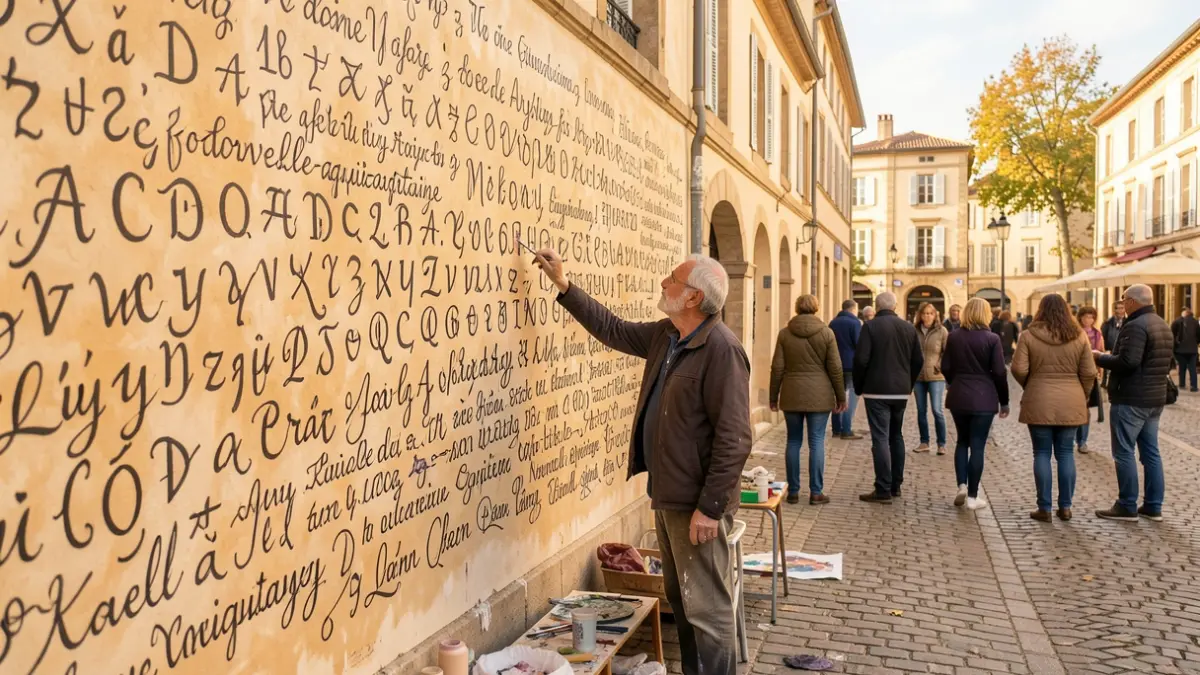 Image générique d'un artiste créant une fresque murale monumentale inspirée par l'écriture manuscrite.
