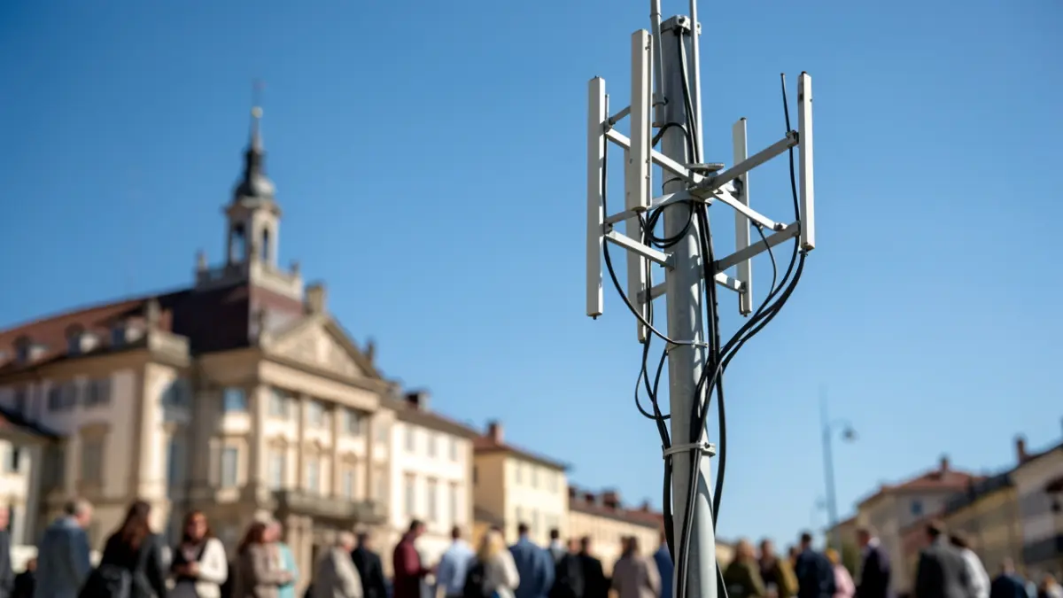 Image générique d'une antenne relais de téléphonie mobile installée sur un site communal, avec un bâtiment administratif en arrière-plan.