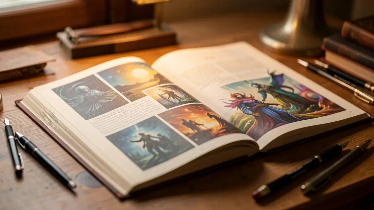 Image générique d'un livre ouvert avec des illustrations fantastiques et des outils d'écriture sur un bureau en bois.