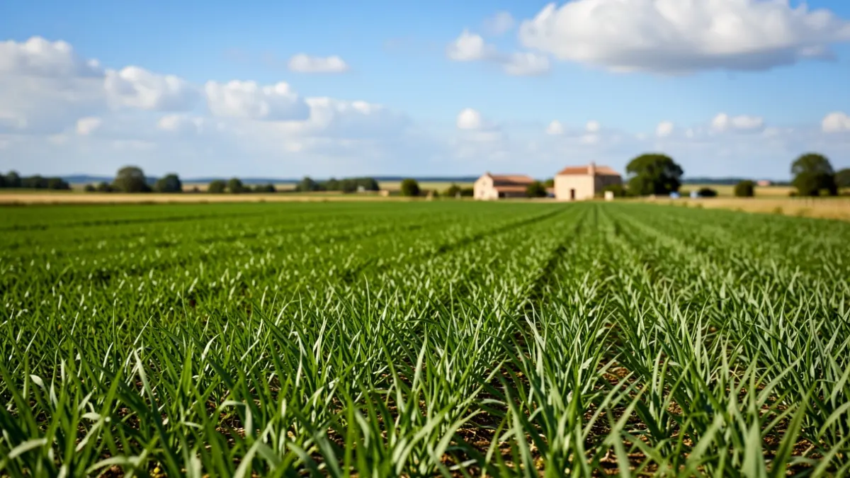 Generic image of fertile agricultural fields in Nouvelle-Aquitaine under a blue sky.