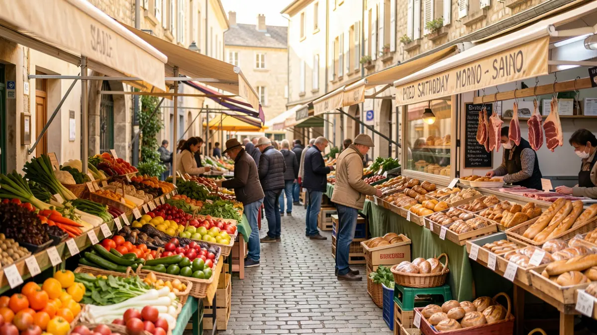Marché local animé avec étals de produits frais et de boucherie à Razac-sur-l'Isle.