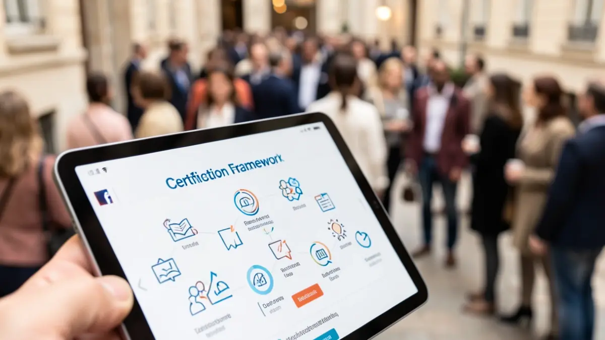 Generic image of a tablet displaying digital learning icons and a certification framework.