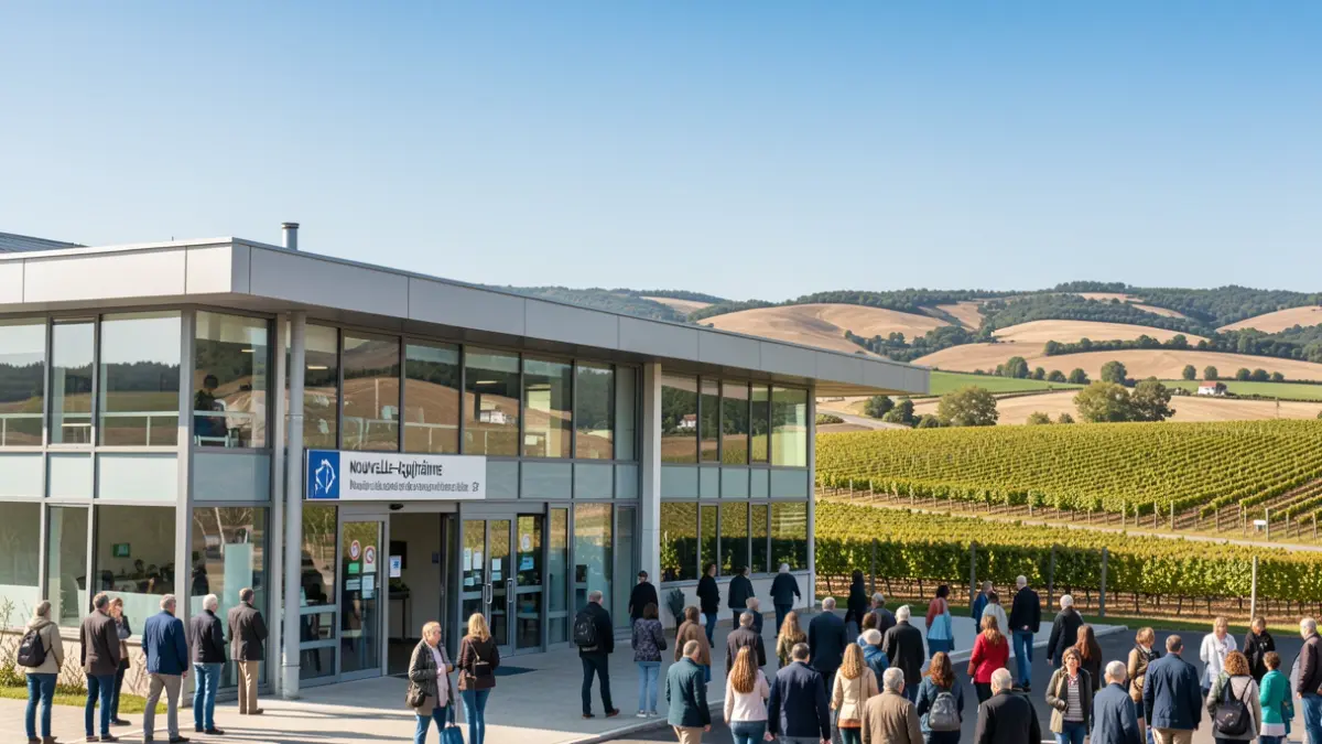 Facade of a modern healthcare center in Nouvelle-Aquitaine.