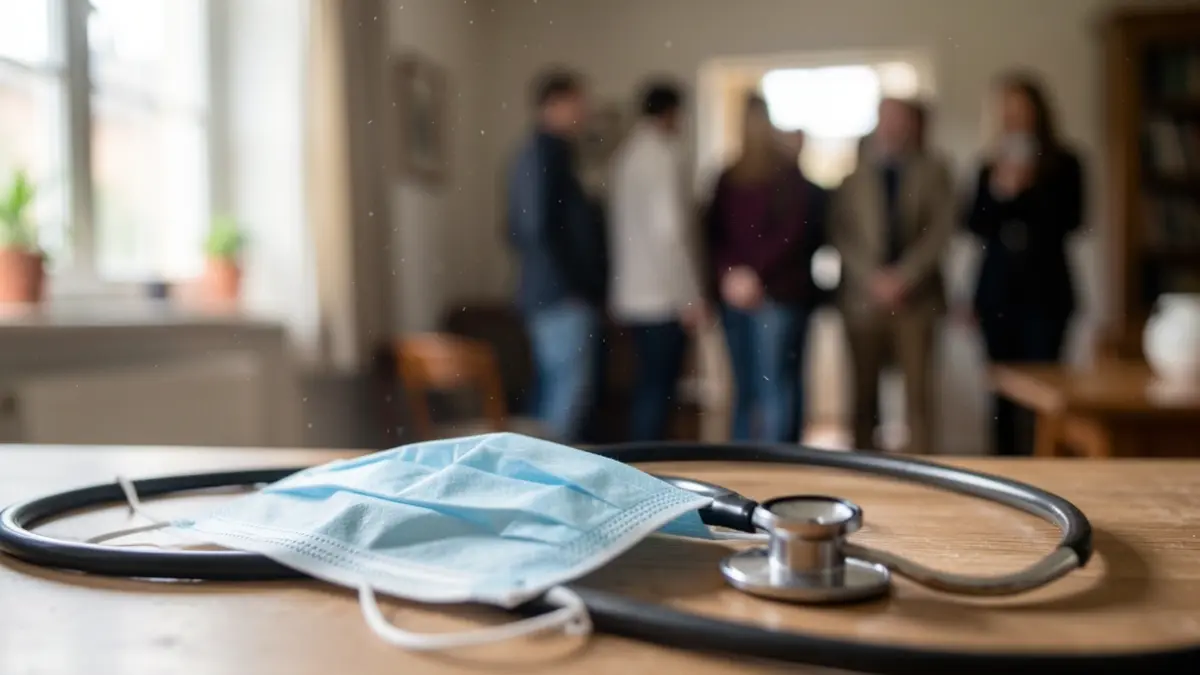 Generic image of a medical mask and stethoscope on a blurred interior background.