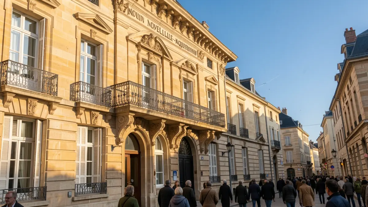 Image générique d'une façade de mairie en pierre avec balcon orné et balustrade en fer forgé, lumière chaude de l'après-midi, ciel bleu.