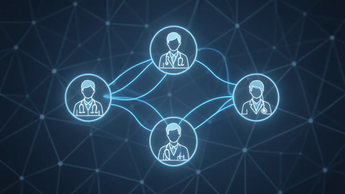 Generic image representing digital health data flow, with glowing lines connecting stylized icons of medical professionals and patients on a dark blue background.