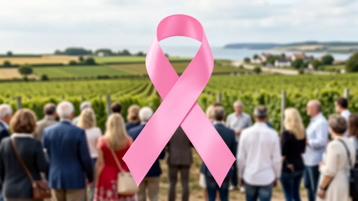 Pink ribbon symbol of Octobre Rose on a blurred Charente-Maritime landscape.