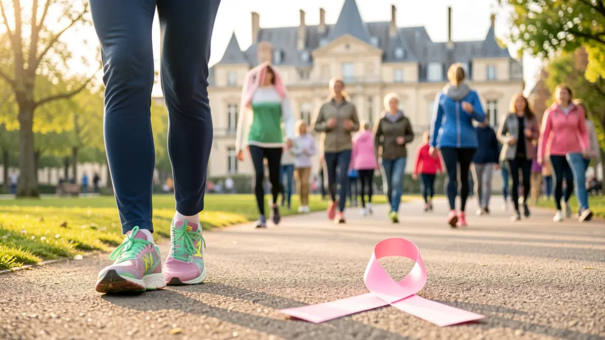 Generic image of people participating in a solidarity walk for breast cancer awareness, featuring pink symbols and subtle regional architecture.