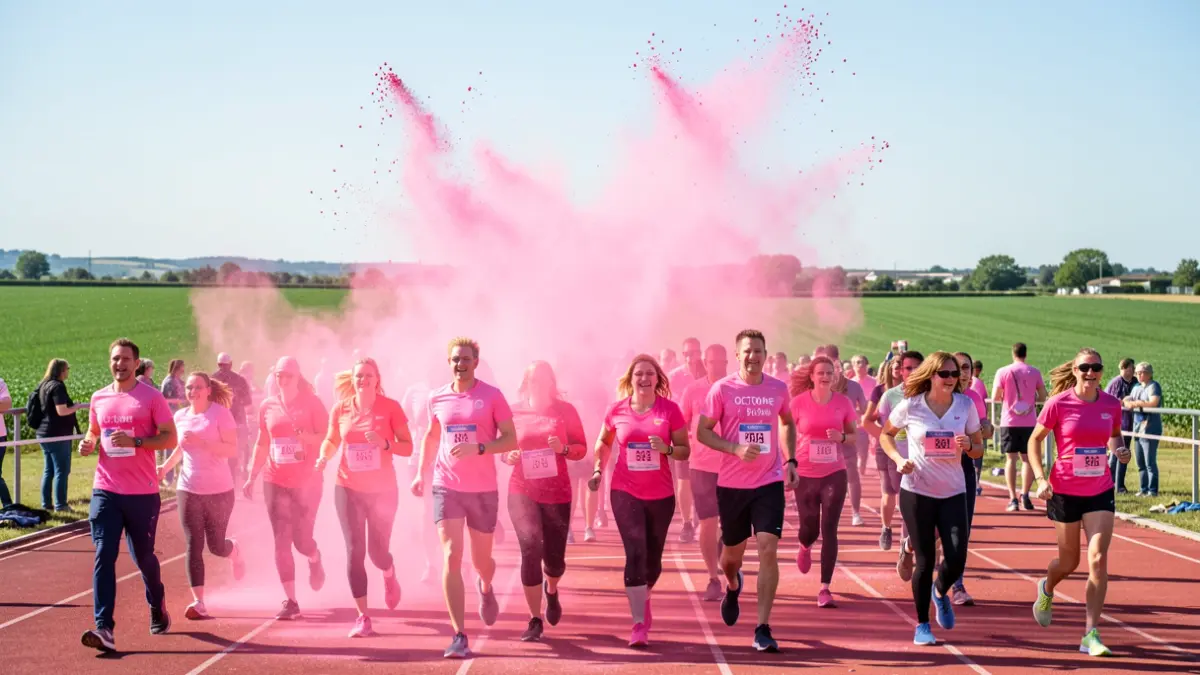Image générique d'une course solidaire avec de la poudre rose lancée en l'air.