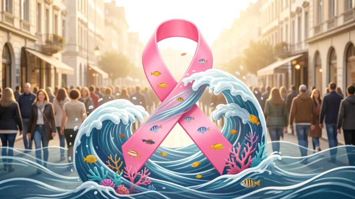Image symbolique de solidarité contre le cancer, avec un ruban rose entrelacé d'ondes marines et de vie océanique.