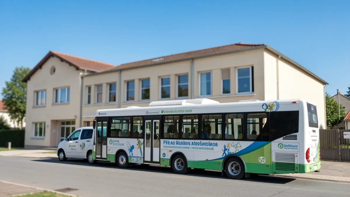 Generic image of a health bus in front of a school building.
