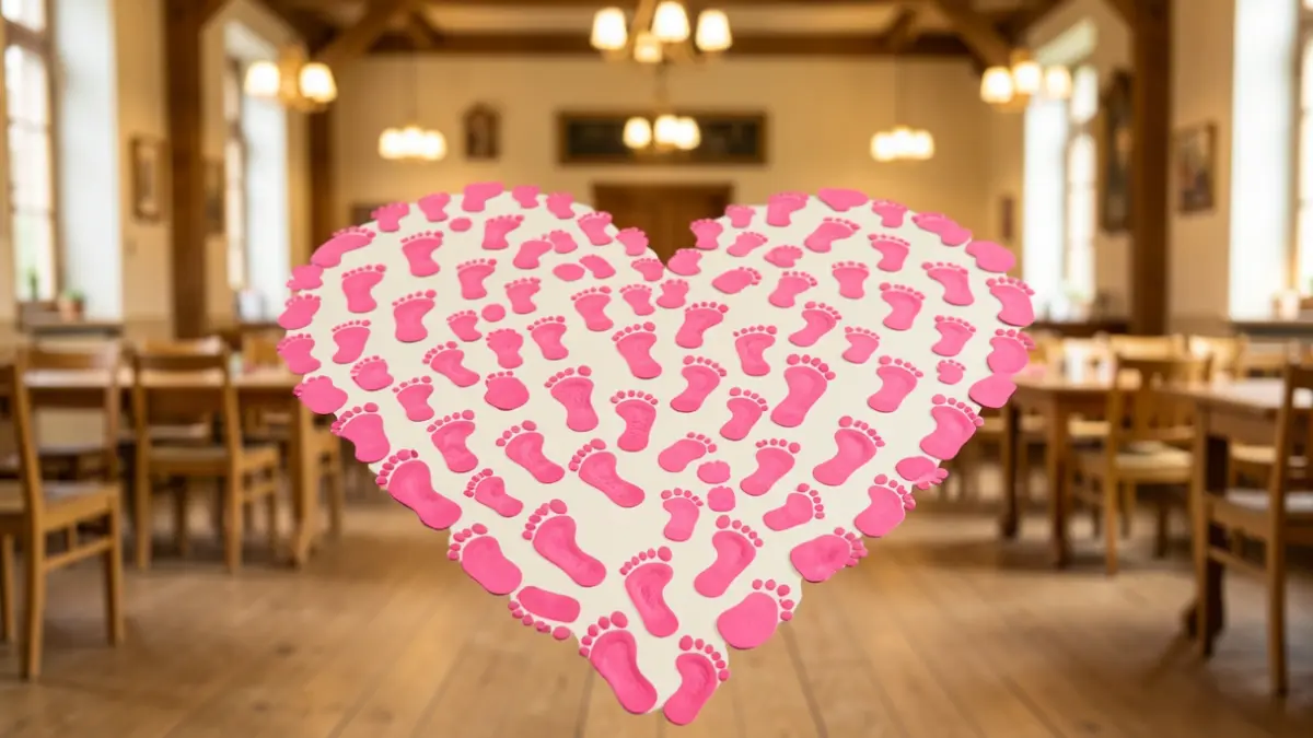 Generic image of a large heart formed by pink footprints on a board, symbolizing hope and solidarity.