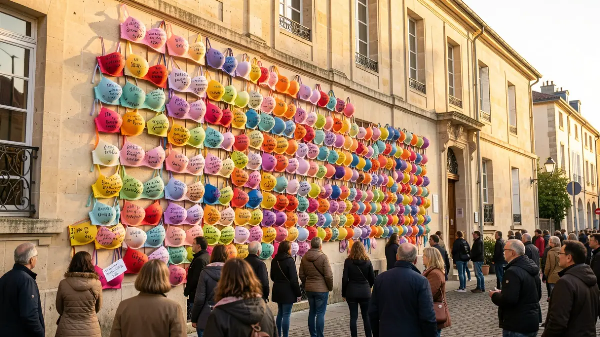 Image générique de 'Mur des Soutiens' fait de soutiens-gorge avec messages de solidarité devant une mairie.
