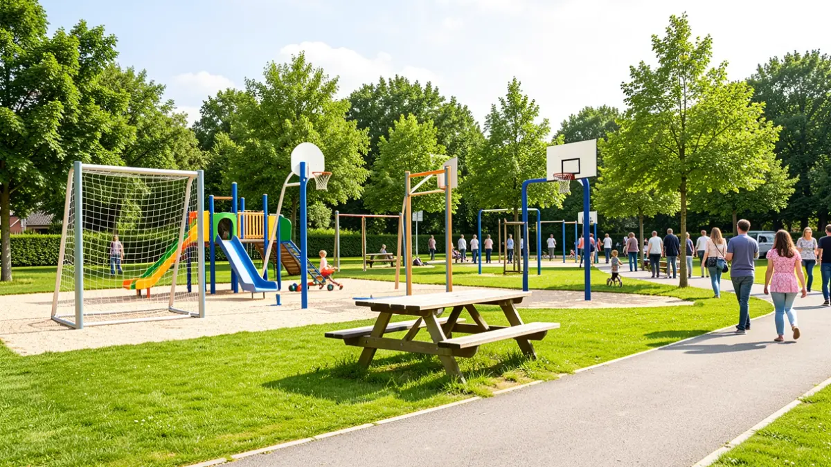 Terrain de jeu réhabilité à Oloron-Sainte-Marie avec équipements sportifs et espace convivial.