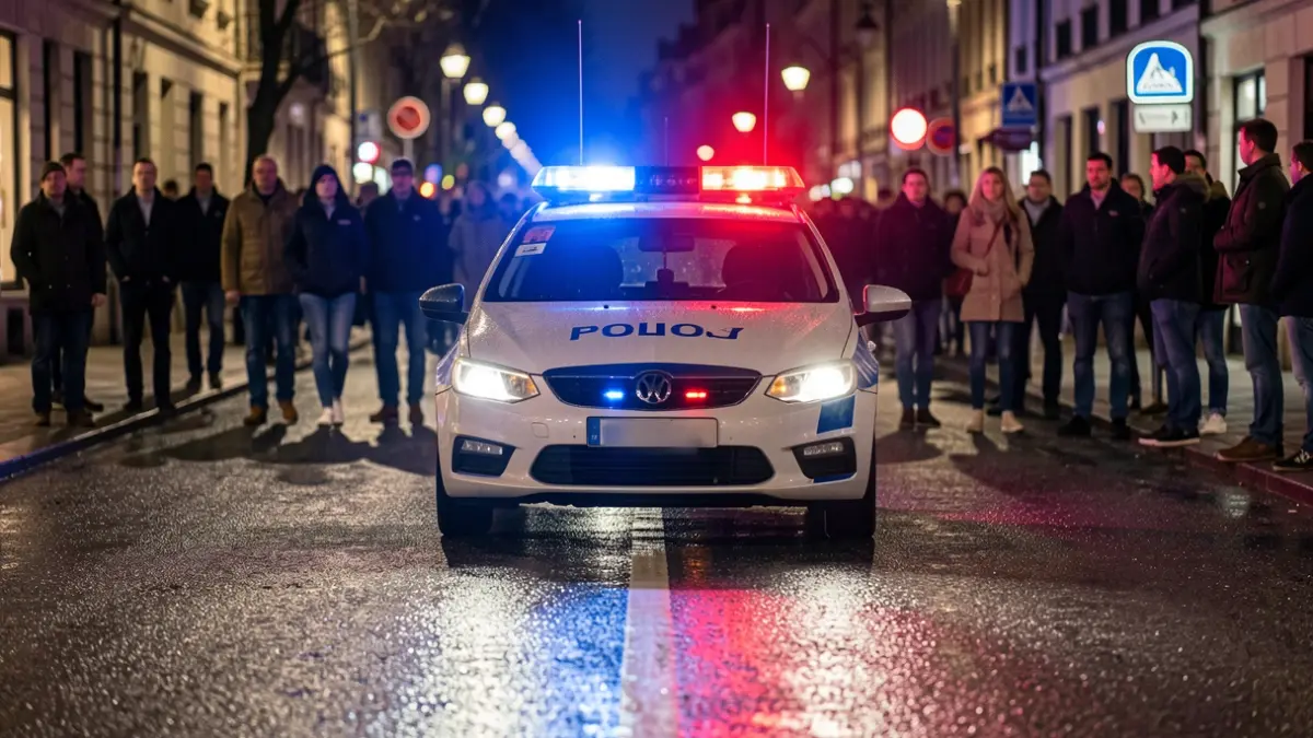 Generic image of a police car's flashing blue and red lights reflecting on wet asphalt at night.