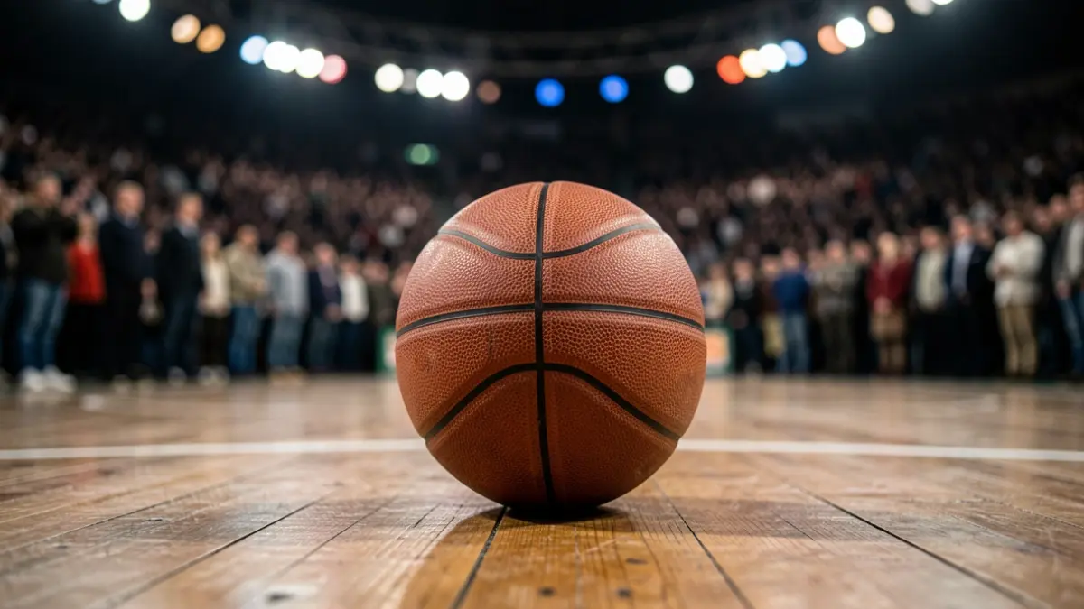 Generic image of a basketball on a wooden floor with blurred stadium lights in the background.