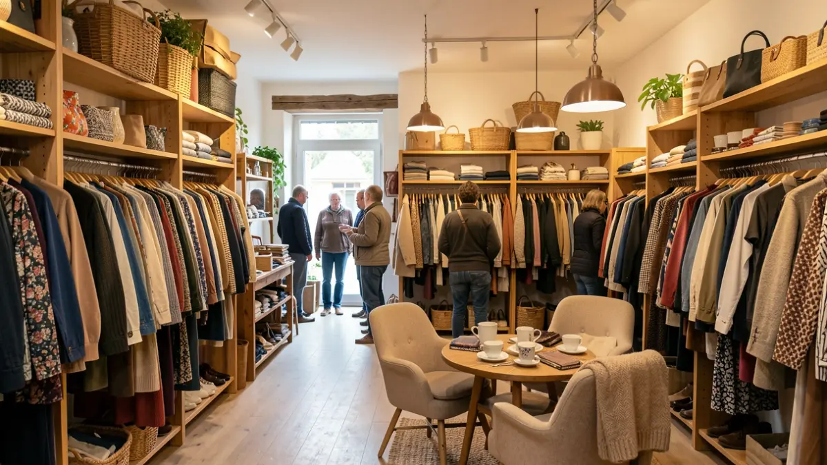 Image générique de l'intérieur d'une boutique de seconde main chaleureuse avec des vêtements, des accessoires et un coin salon de thé.