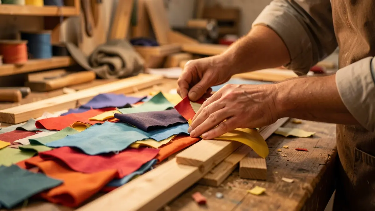 Generic image of hands sorting colorful fabric scraps and wooden planks, symbolizing repair and reuse, in a workshop.