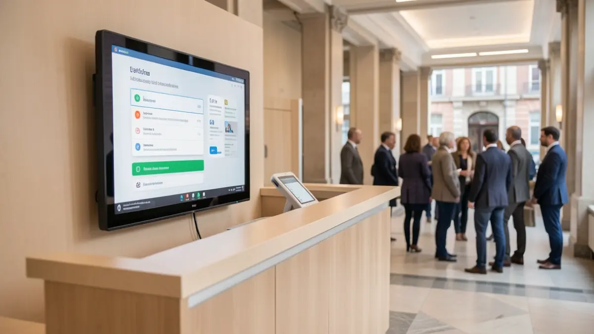 Generic image of a modern, accessible town hall service counter with a clear user interface displayed on a screen.