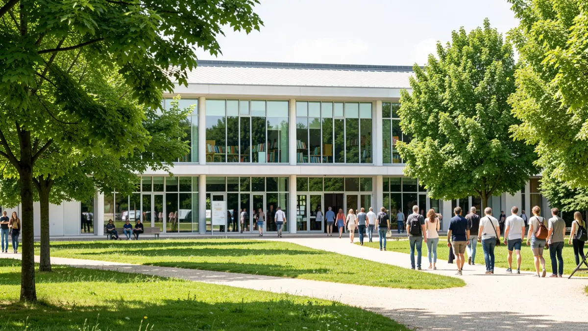 Generic image of the facade of a modern library in a park.