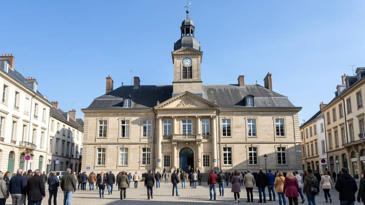 Generic image of a French town hall facade with a clock tower, under a clear blue sky. The image focuses on the architecture and the public space in front of the building.