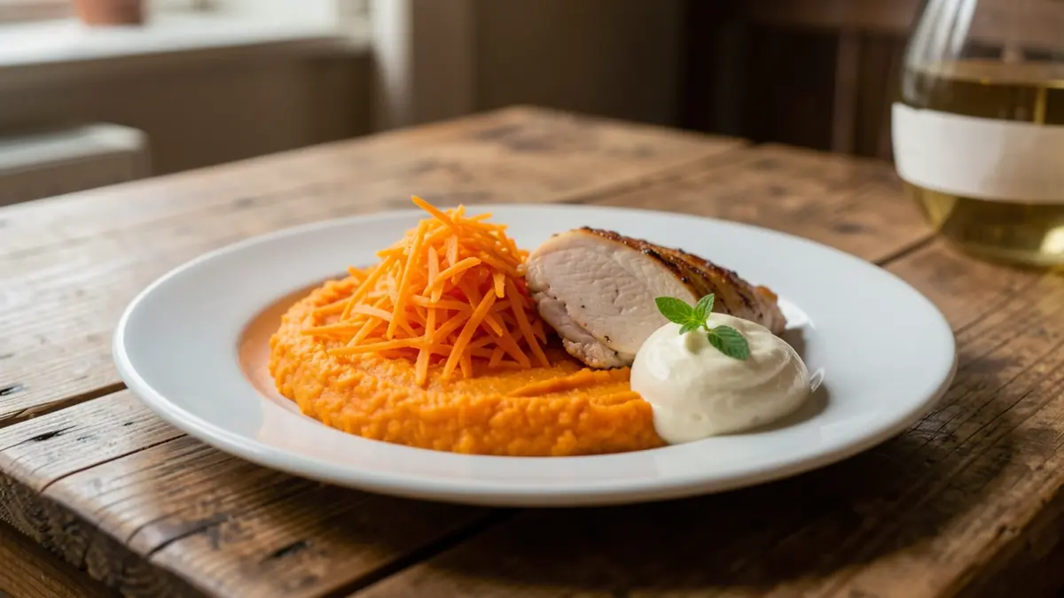 Image générique d'un repas composé de carottes râpées, purée de patates douces, cuisse de poulet et fromage blanc à la vanille.