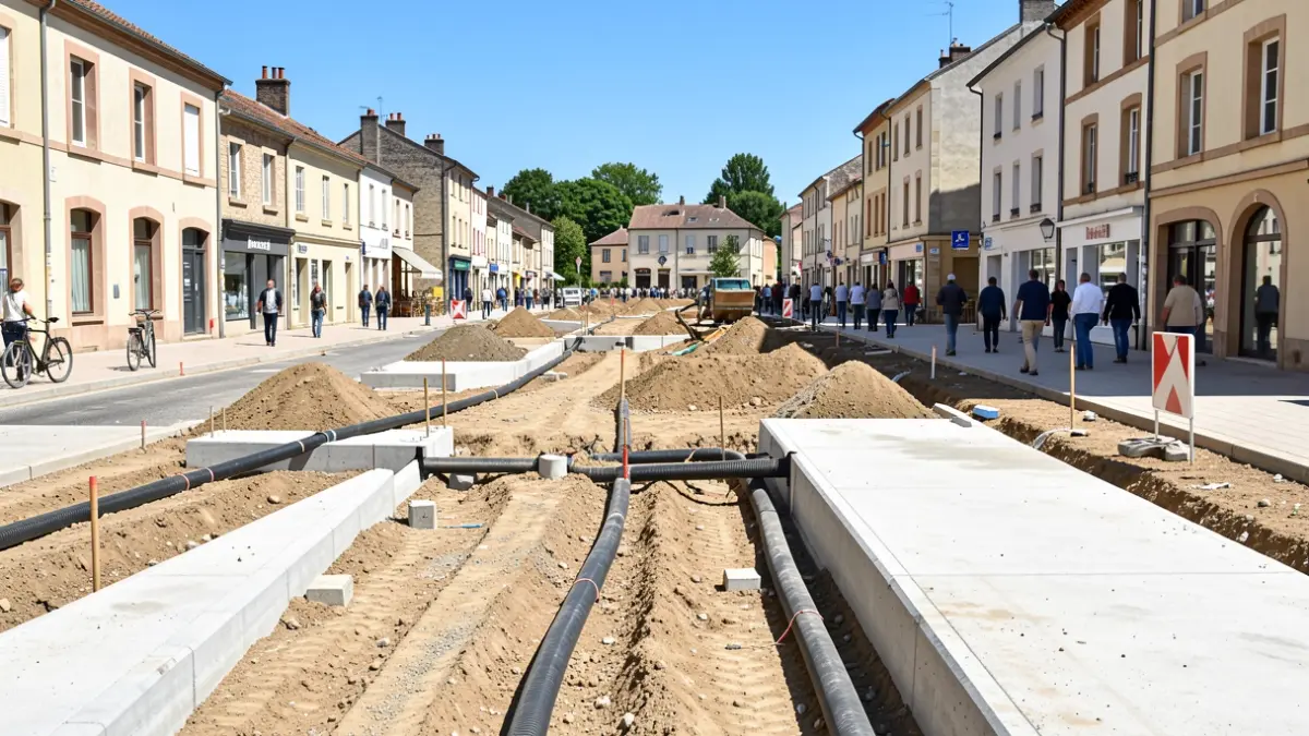 Generic image of a public works construction site with pipes, curbs, and concrete being laid.