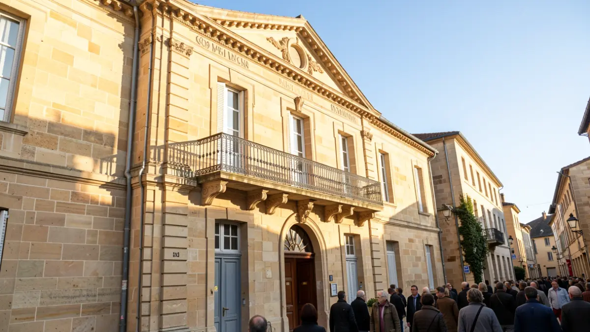Generic image of a stone town hall facade in Nouvelle-Aquitaine with an ornate balcony and iron railings, lit by afternoon sun.