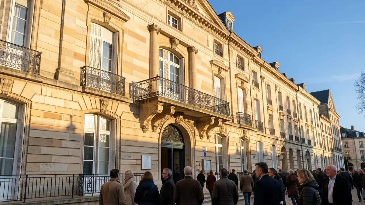 Generic image of a Nouvelle-Aquitaine town hall facade with an ornate balcony and iron railings, bathed in warm afternoon sunlight.