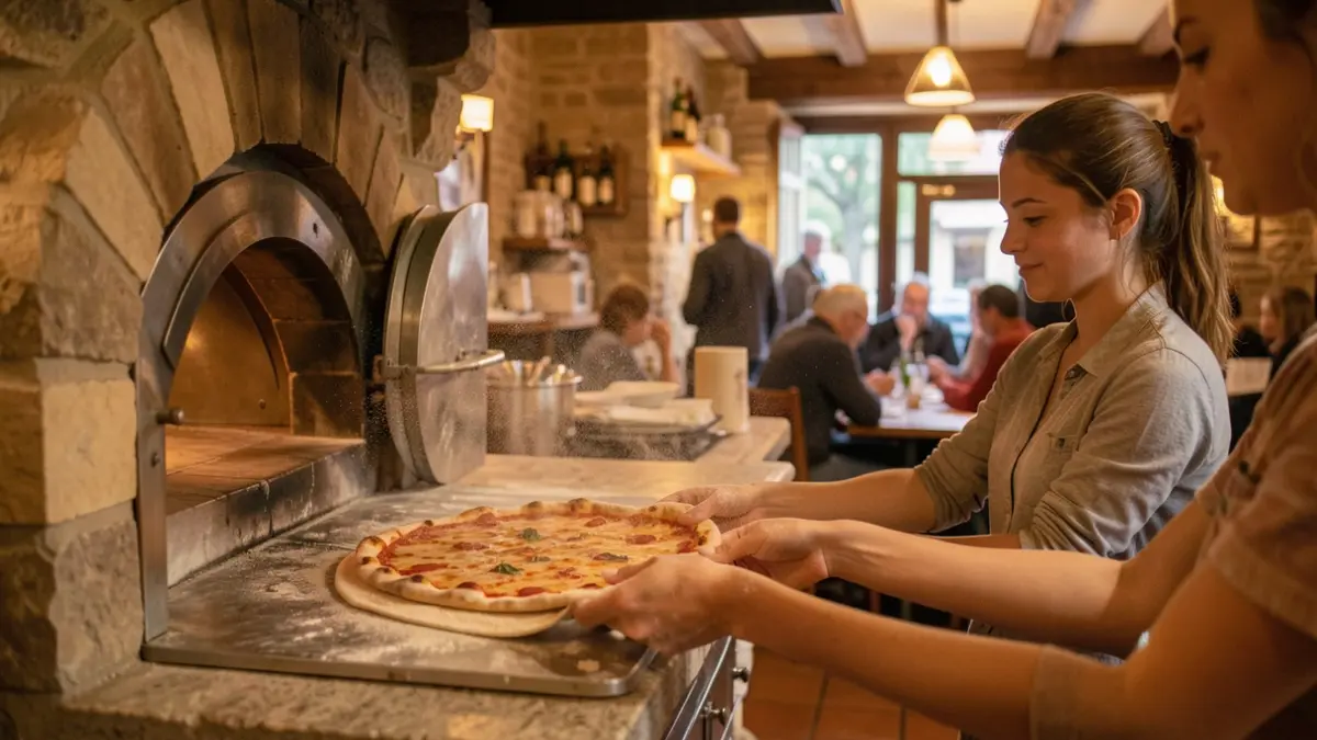 Intérieur d'une pizzeria chaleureuse en Nouvelle-Aquitaine, avec un four à pizza et des mains étirant une pâte.